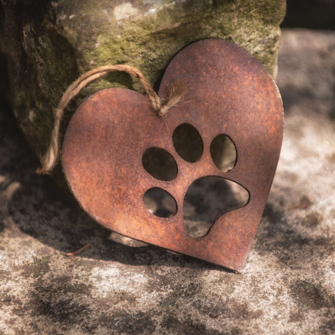 Paw Print Heart - Rustic Rusted Garden Sign